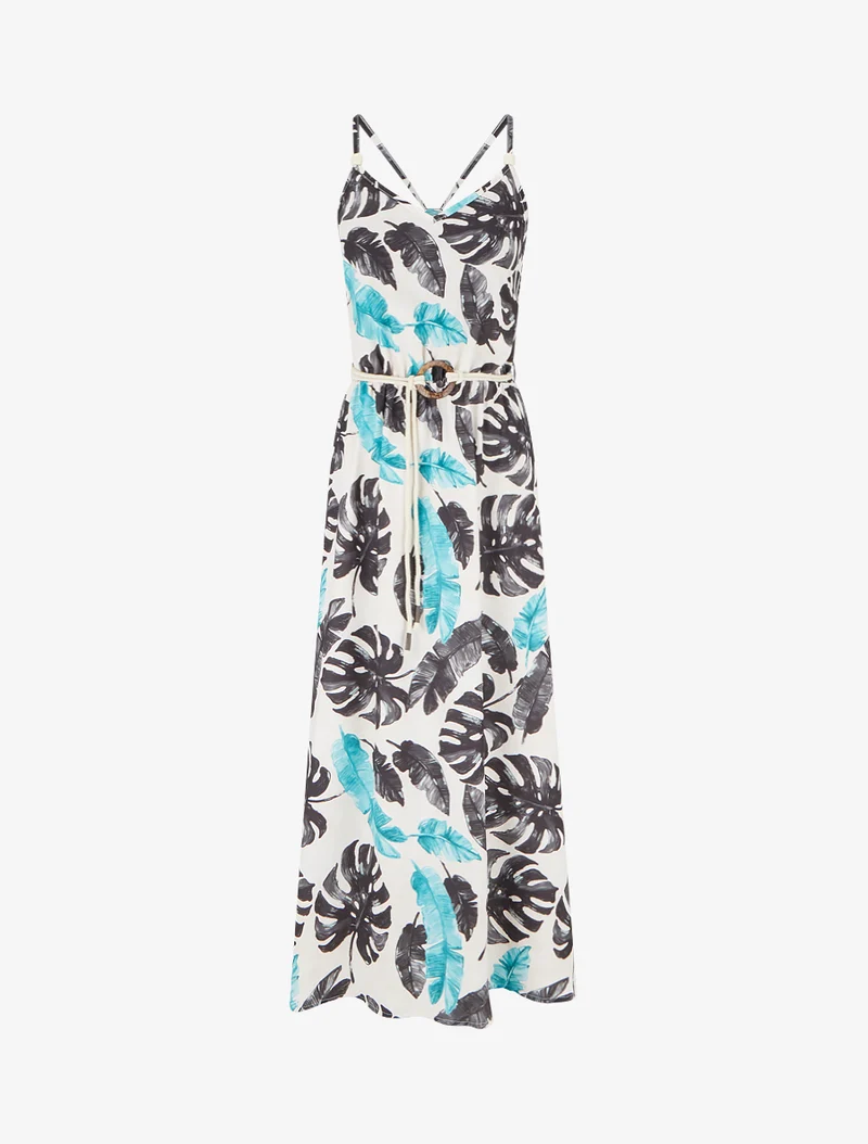 Robe longue imprimé feuillage à taille élastiquée - Noir