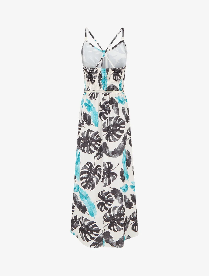 Robe longue imprimé feuillage à taille élastiquée - Noir