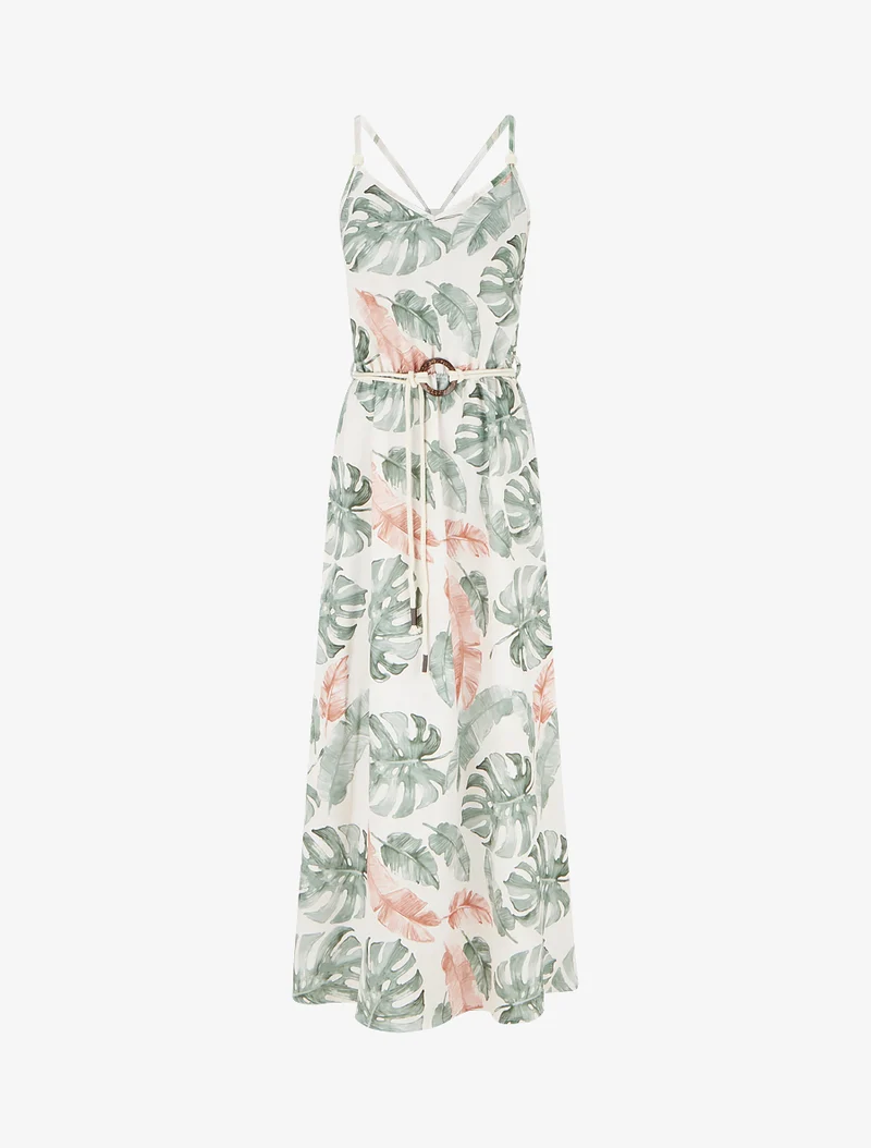 Robe longue imprimé feuillage à taille élastiquée - Kaki