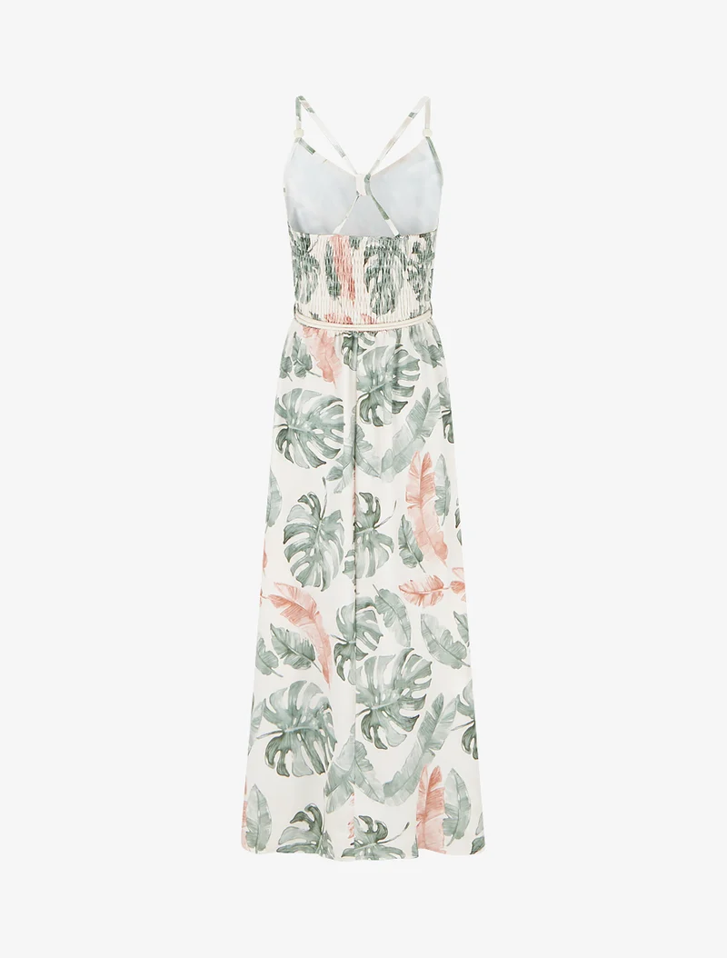 Robe longue imprimé feuillage à taille élastiquée - Kaki