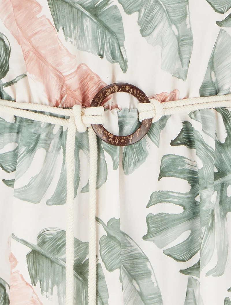 Robe longue imprimé feuillage à taille élastiquée - Kaki