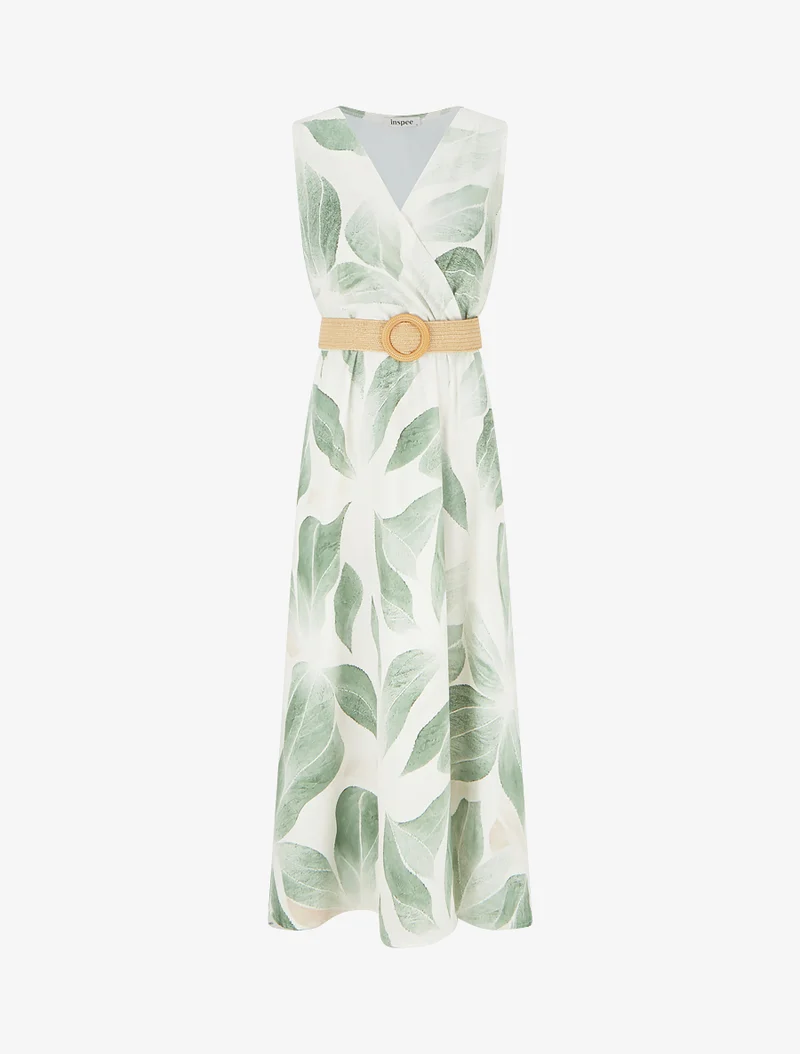 Robe imprimé feuilles à col cache-coeur - Kaki