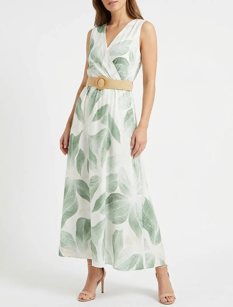 Robe imprimé feuilles à col cache-coeur - Kaki