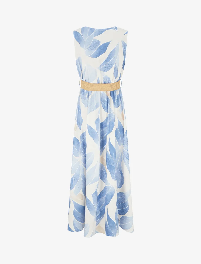 Robe imprimé feuilles à col cache-coeur - Bleu ciel