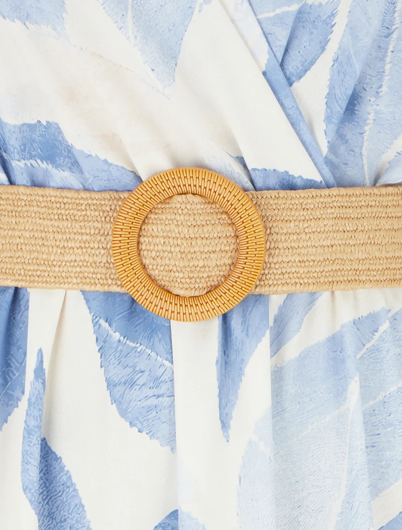 Robe imprimé feuilles à col cache-coeur - Bleu ciel