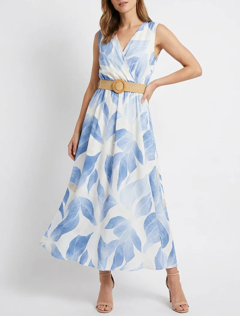Robe imprimé feuilles à col cache-coeur - Bleu ciel