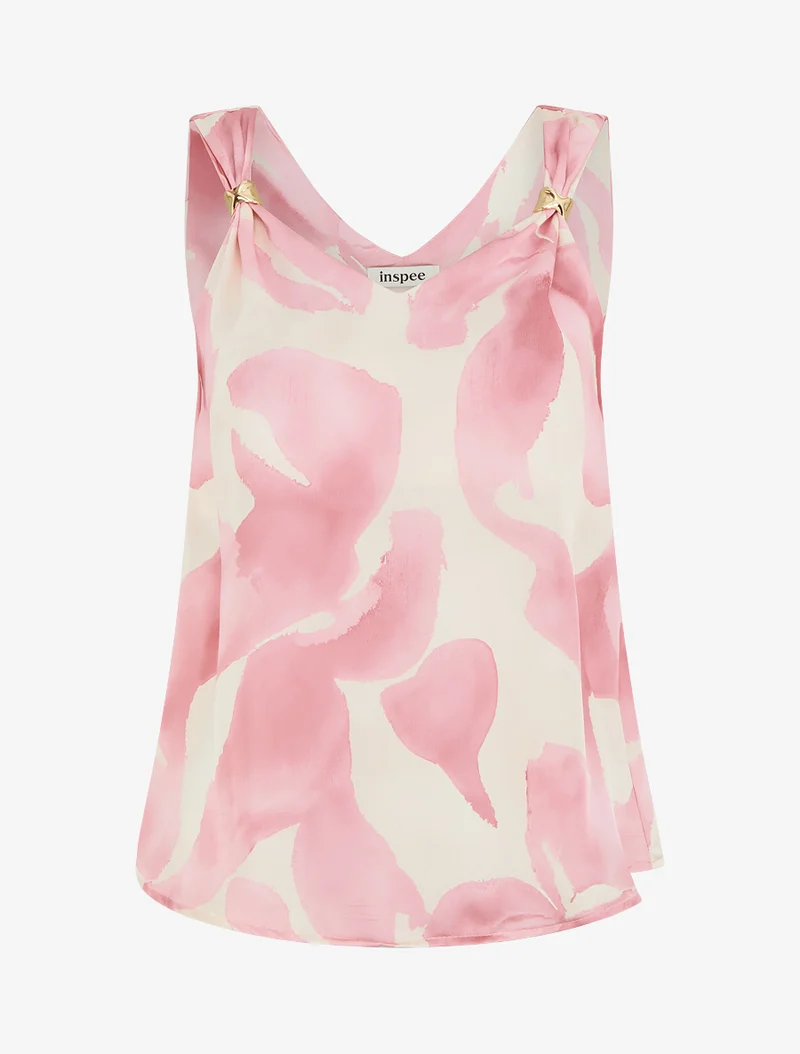 Top satiné imprimé fantaisie à bretelles bijoux - Rose