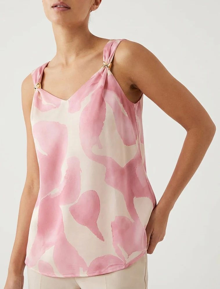 Top satiné imprimé fantaisie à bretelles bijoux - Rose