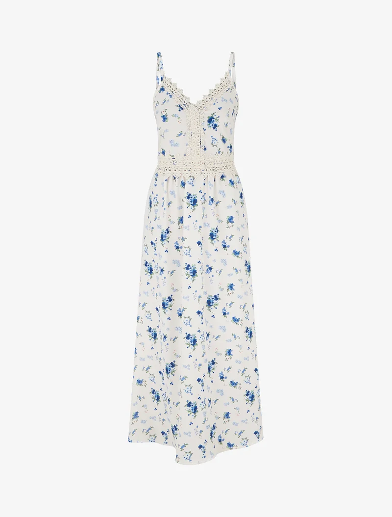 Robe longue imprimé petites fleurs à détail crochet - Bleu