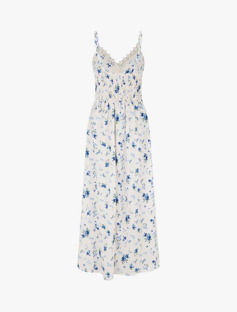 Robe longue imprimé petites fleurs à détail crochet - Bleu