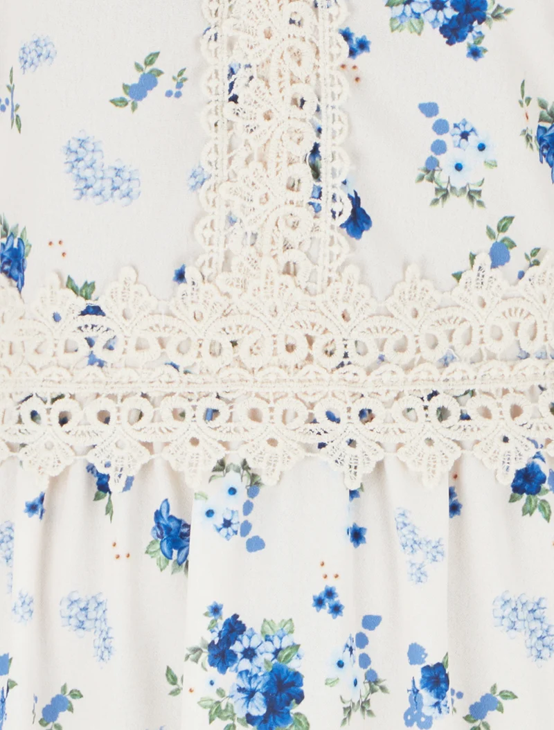 Robe longue imprimé petites fleurs à détail crochet - Bleu