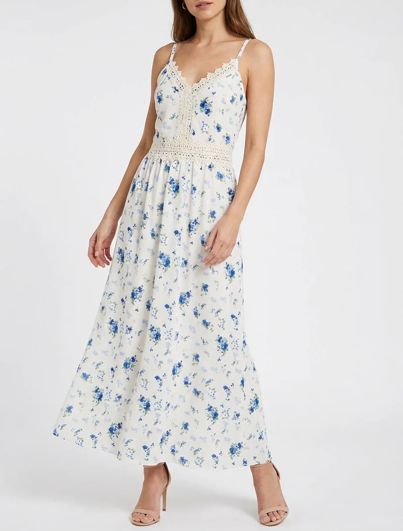 Robe longue imprimé petites fleurs à détail crochet - Bleu