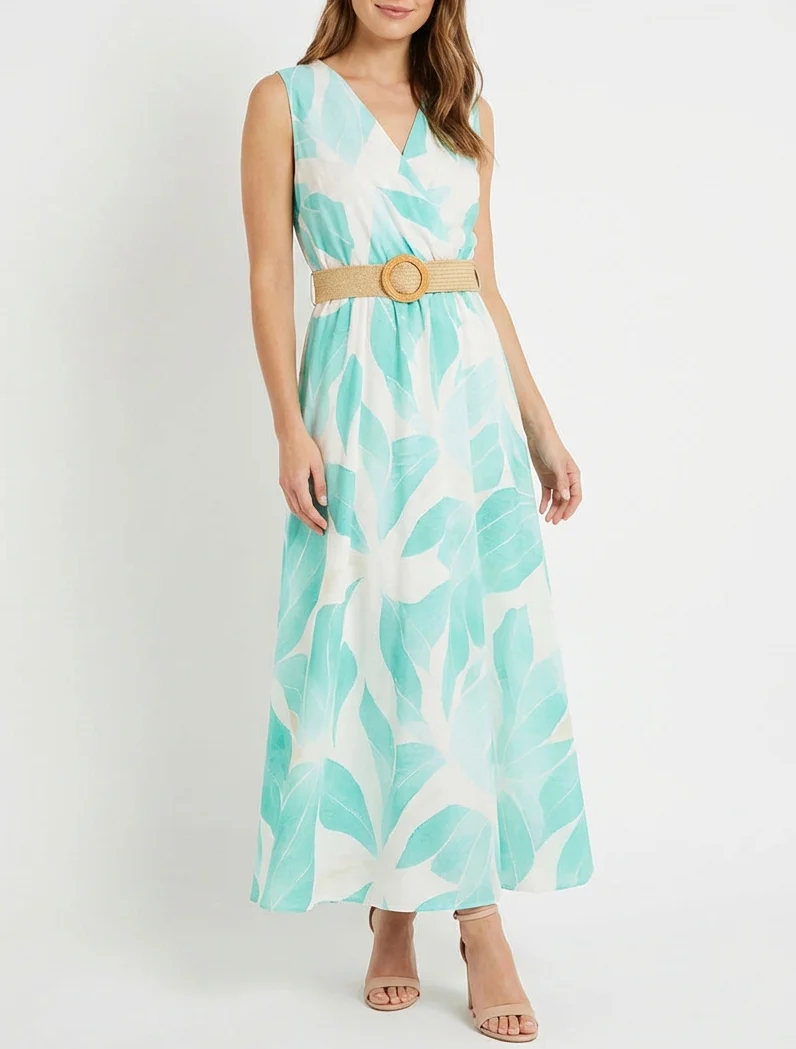 Robe imprimé feuilles à col cache-coeur - Vert menthe