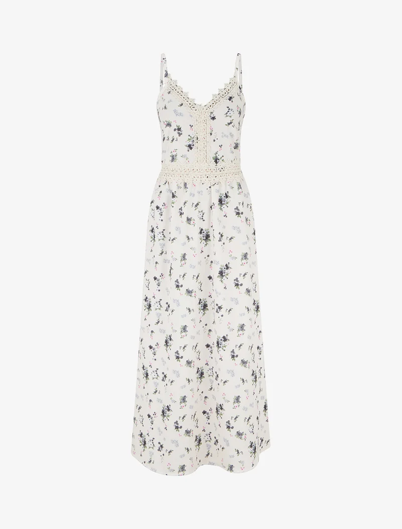 Robe longue imprimé petites fleurs à détail crochet - Noir