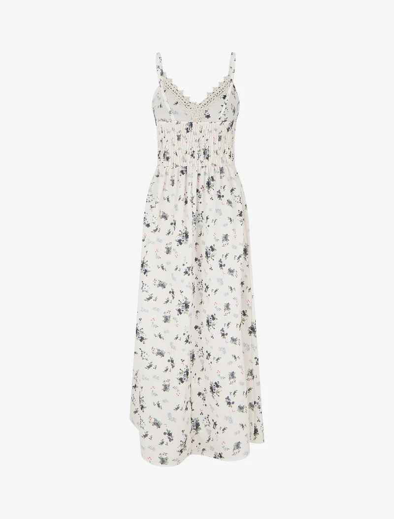 Robe longue imprimé petites fleurs à détail crochet - Noir