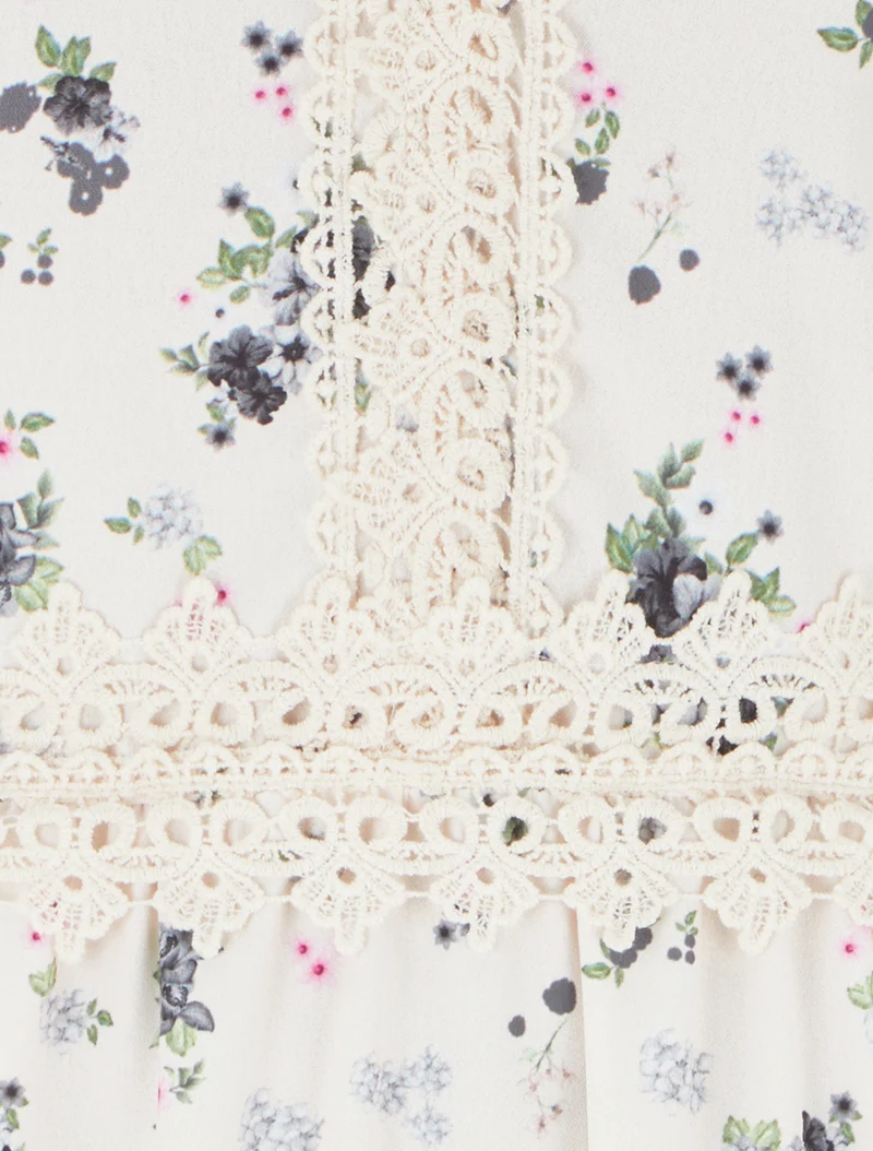 Robe longue imprimé petites fleurs à détail crochet - Noir