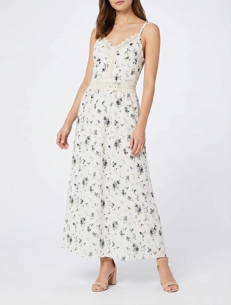Robe longue imprimé petites fleurs à détail crochet - Noir