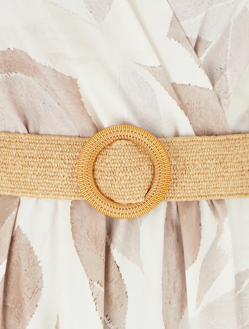 Robe imprimé feuilles à col cache-coeur - Beige