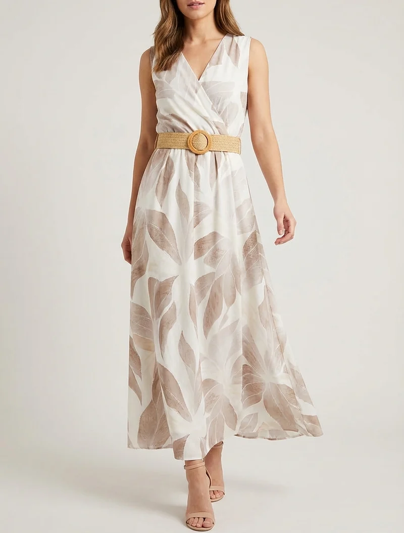 Robe imprimé feuilles à col cache-coeur - Beige