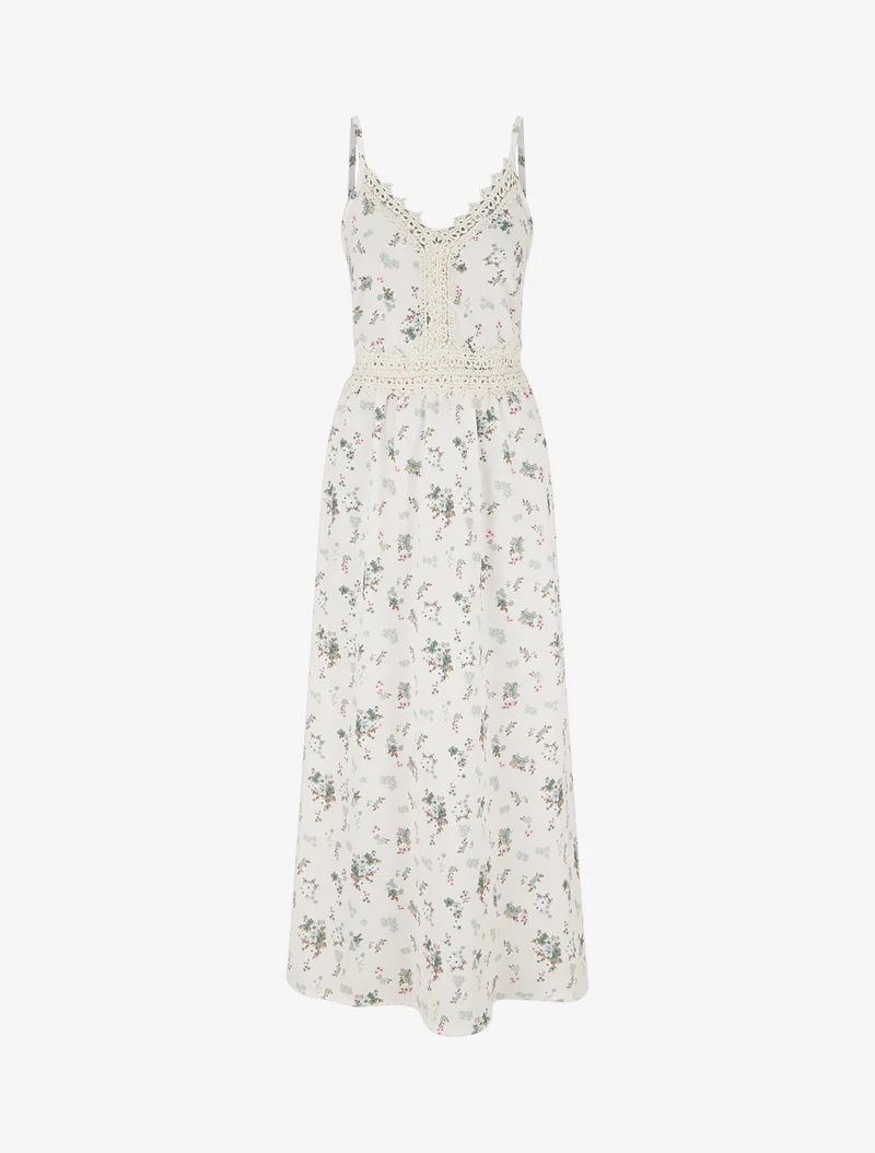 Robe longue imprimé petites fleurs à détail crochet - Kaki