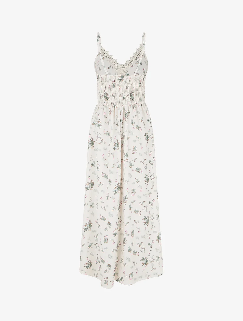 Robe longue imprimé petites fleurs à détail crochet - Kaki
