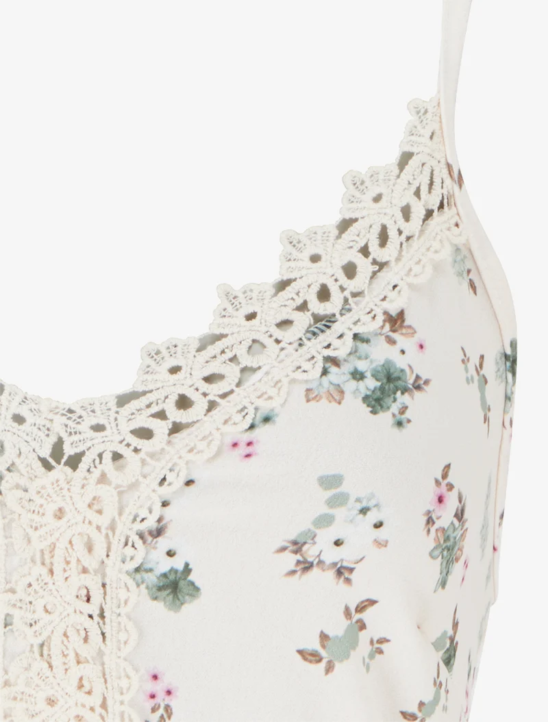 Robe longue imprimé petites fleurs à détail crochet - Kaki