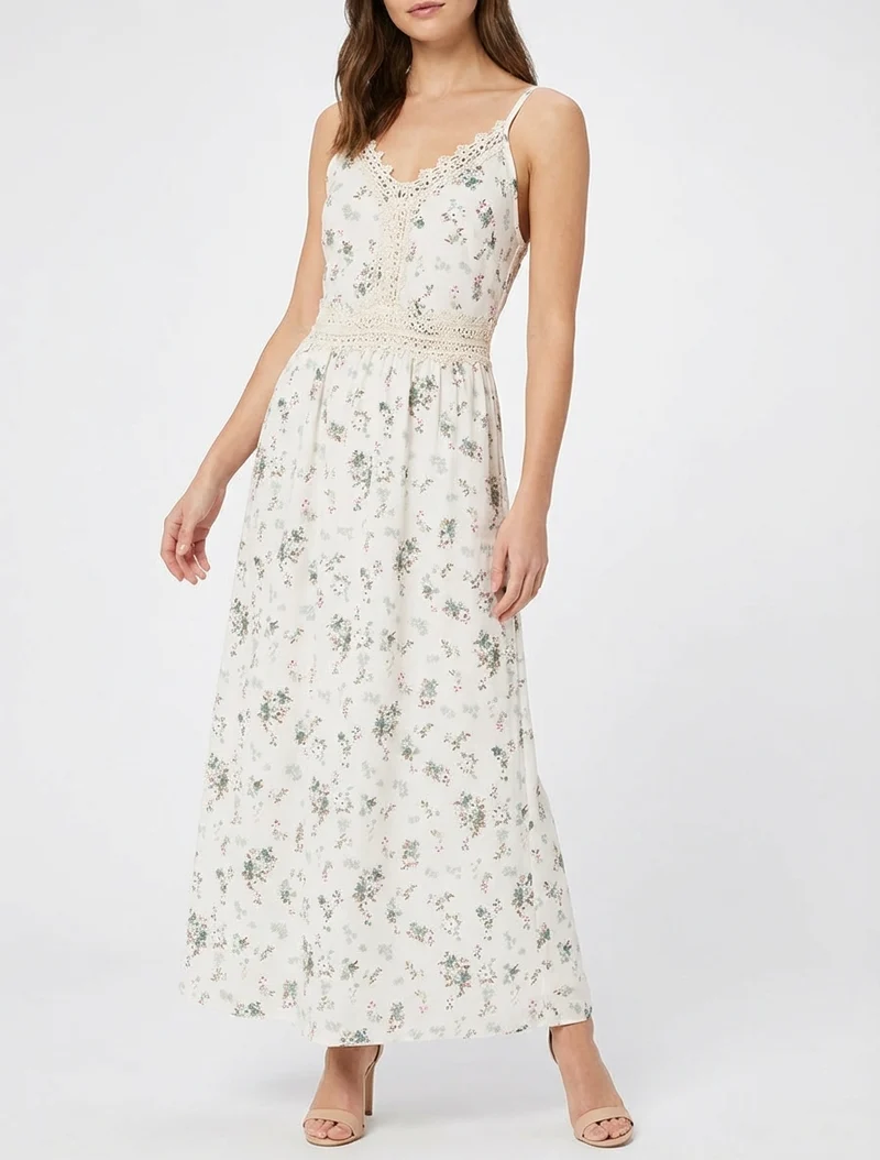 Robe longue imprimé petites fleurs à détail crochet - Kaki
