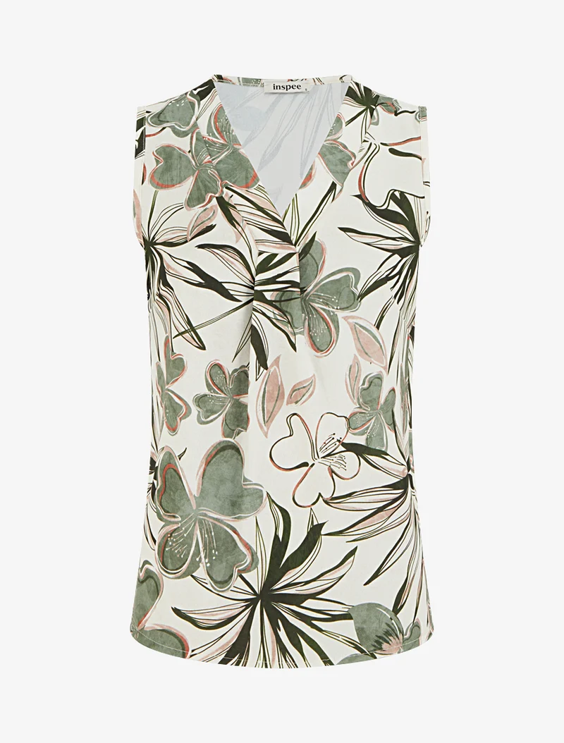 Top droit sans manches imprimé hibiscus - Kaki