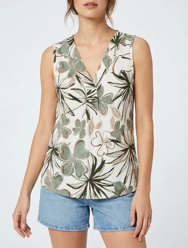 Top droit sans manches imprimé hibiscus - Kaki