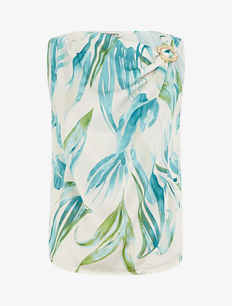 Top satiné imprimé feuilles et bretelle à bijou - Turquoise