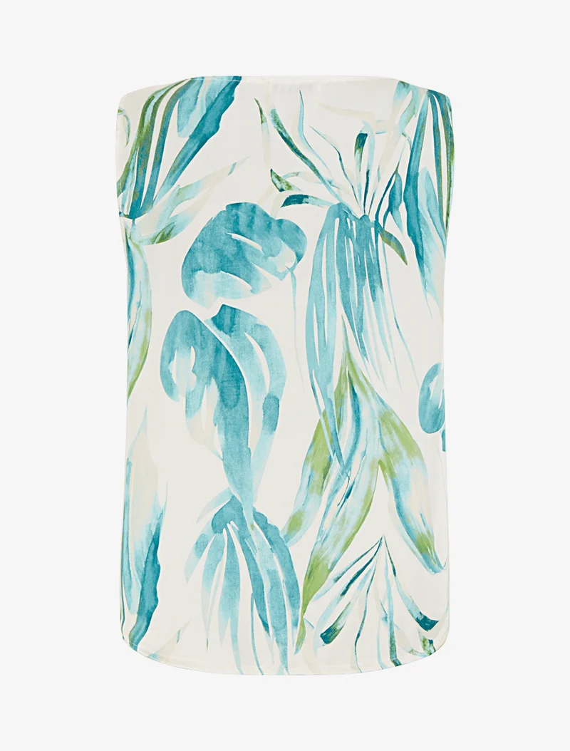 Top satiné imprimé feuilles et bretelle à bijou - Turquoise