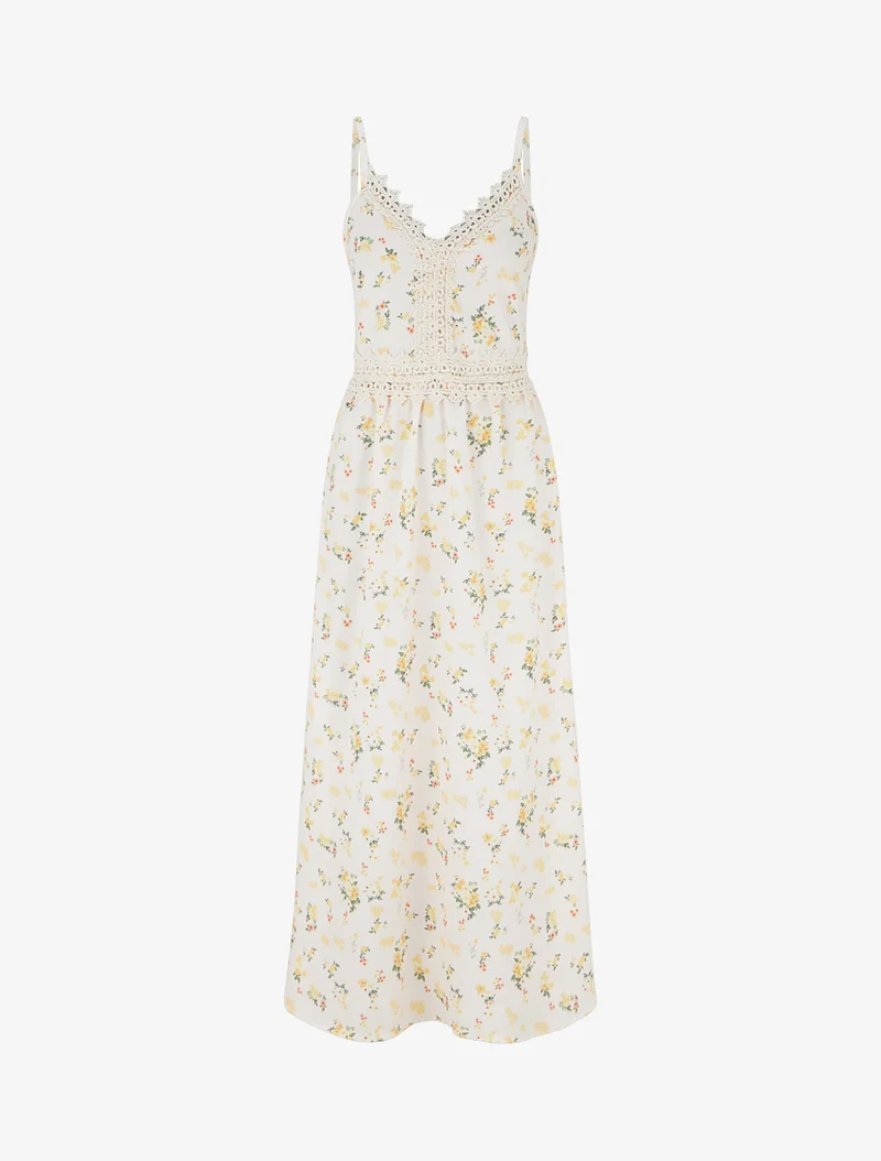 Robe longue imprimé petites fleurs à détail crochet - Jaune