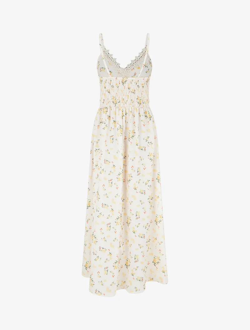 Robe longue imprimé petites fleurs à détail crochet - Jaune
