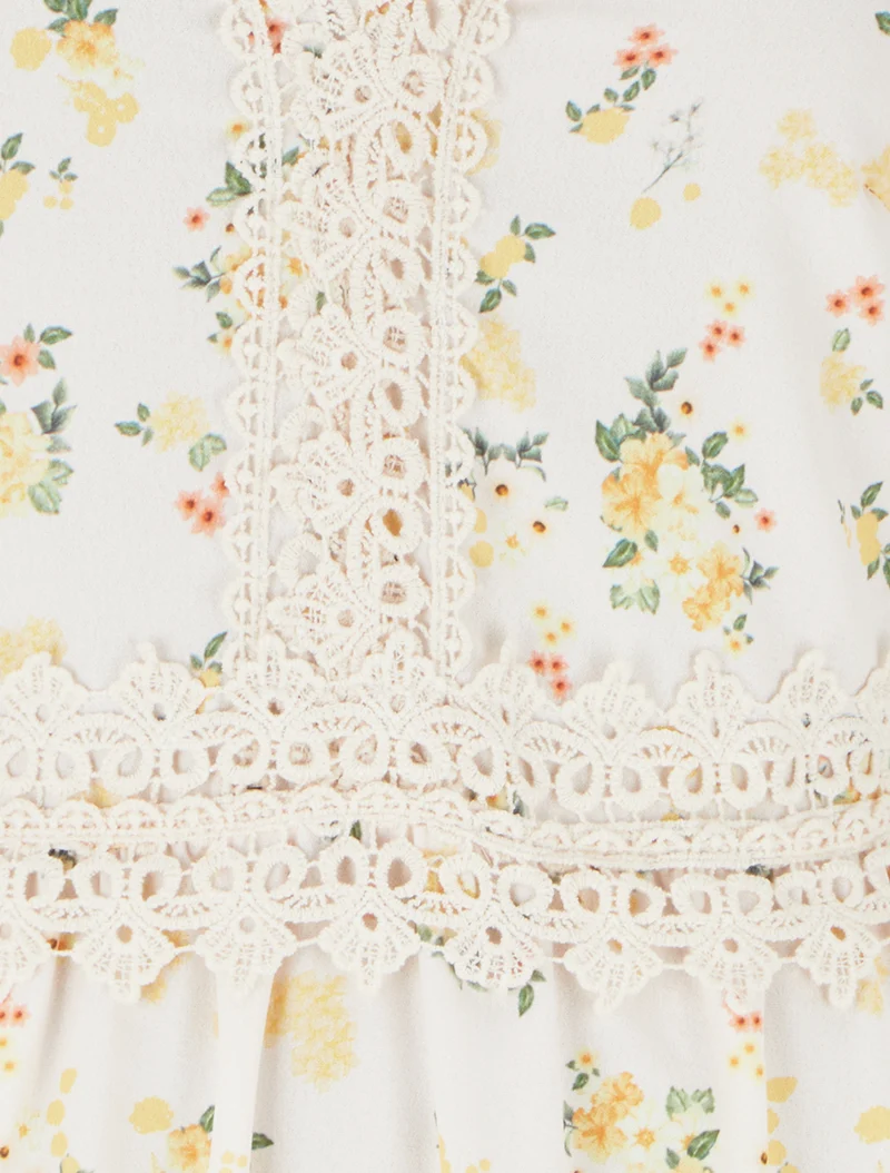 Robe longue imprimé petites fleurs à détail crochet - Jaune
