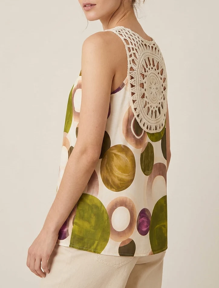 Top imprimé graphique à empiècement en crochet - Vert olive