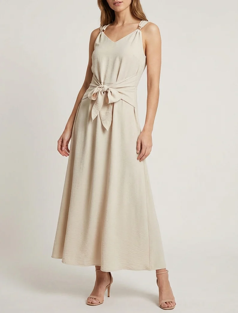 Robe longue à pans à nouer - Beige