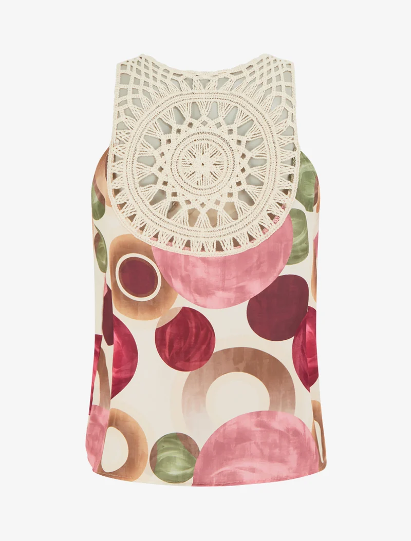Top imprimé graphique à empiècement en crochet - Rose