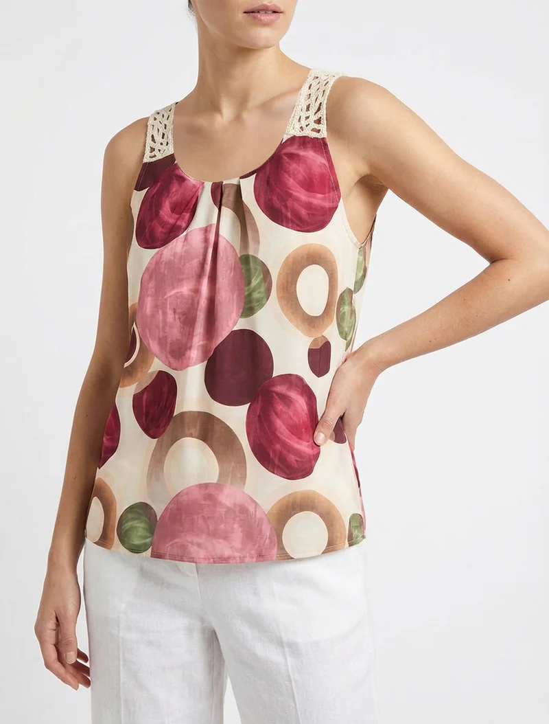 Top imprimé graphique à empiècement en crochet - Rose