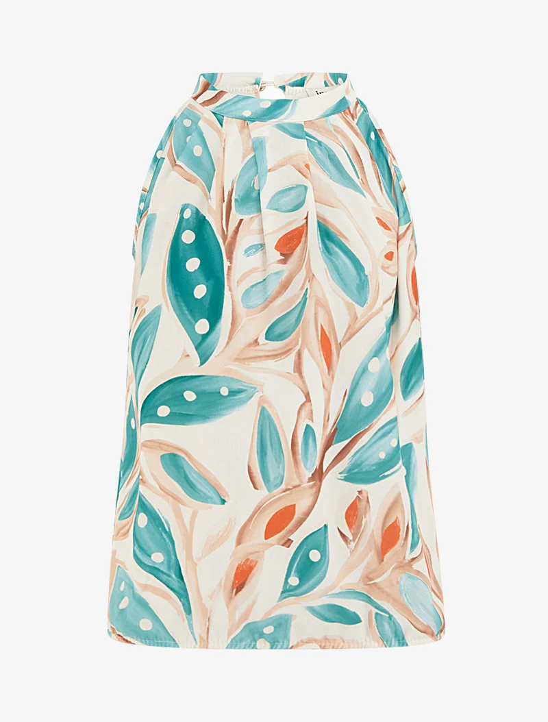 Top boule à col américain imprimé végétal - Turquoise