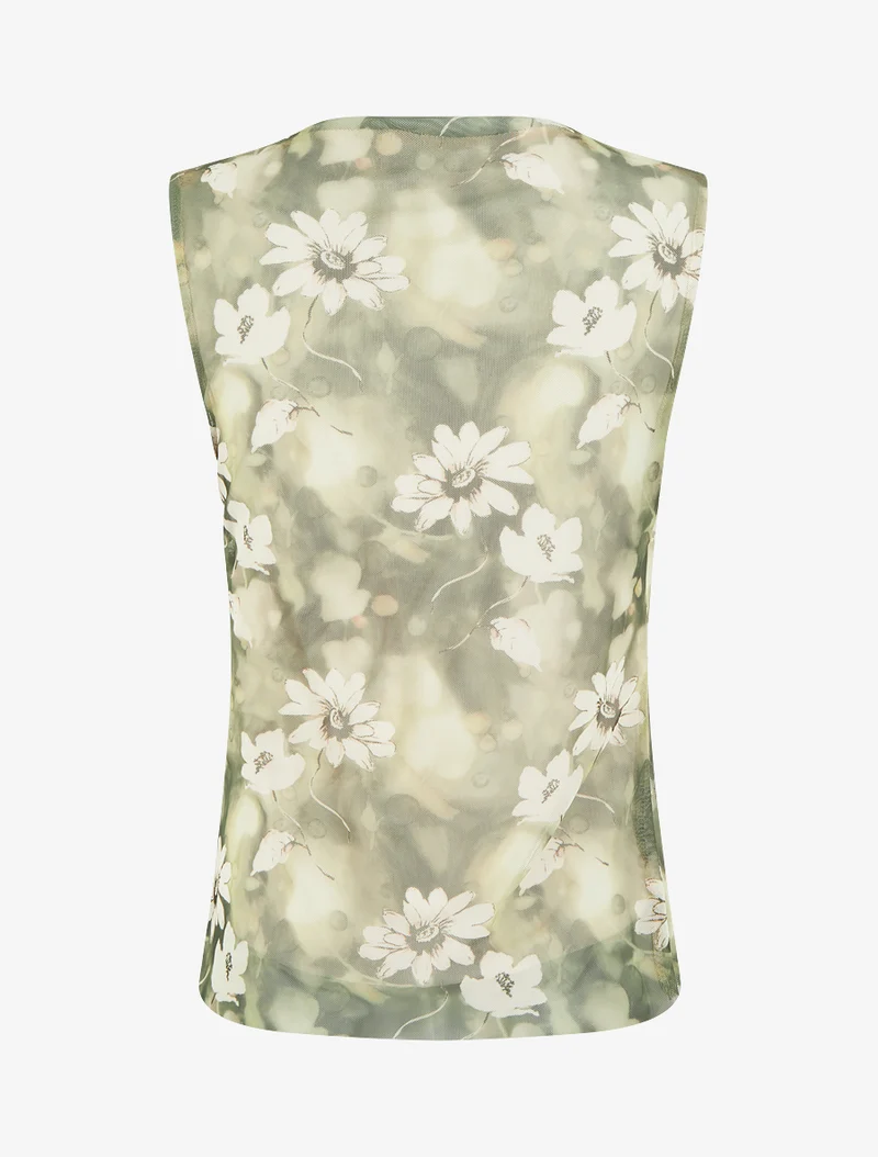 Top sans manches en tulle à fleurs - Kaki