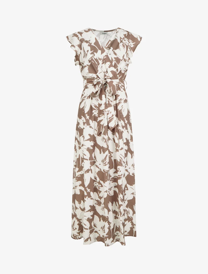 Robe longue imprimé fleurs tropicales à manches courtes - Marron