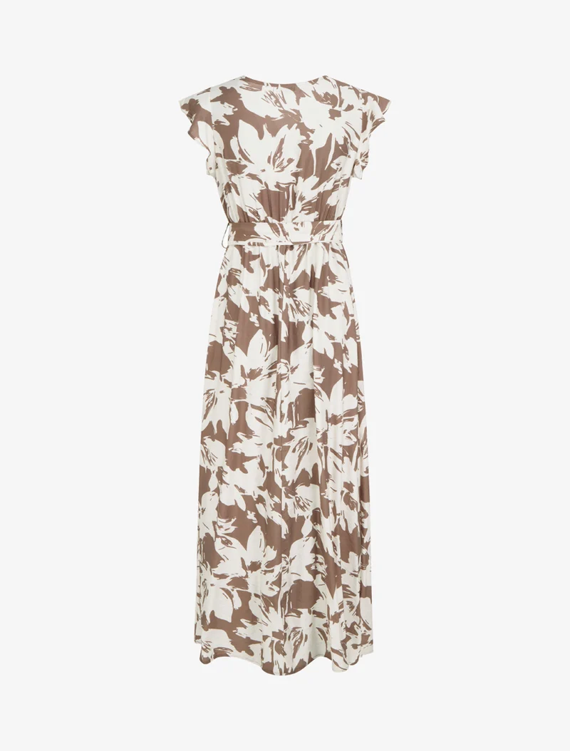 Robe longue imprimé fleurs tropicales à manches courtes - Marron