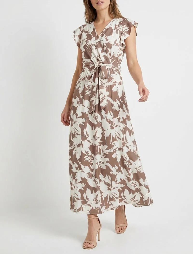 Robe longue imprimé fleurs tropicales à manches courtes - Marron