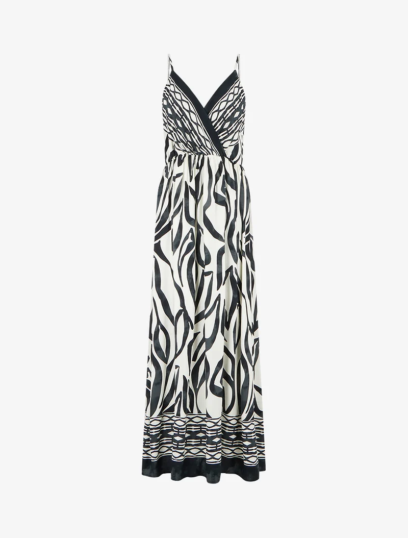 Robe longue élastiquée à imprimé fantaisie - Noir