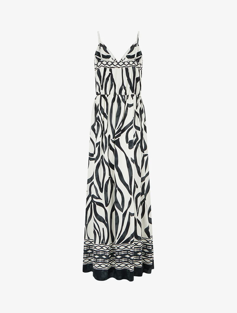 Robe longue élastiquée à imprimé fantaisie - Noir
