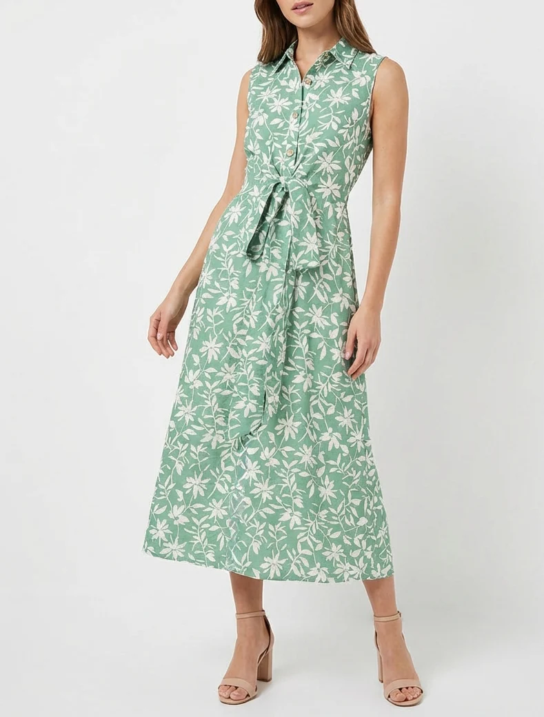Robe fleurie sans manches à noeud - Vert