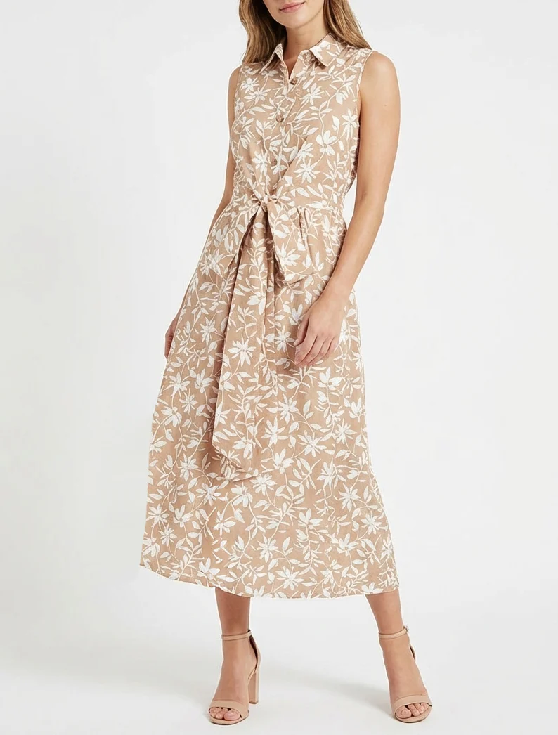 Robe fleurie sans manches à noeud - Beige