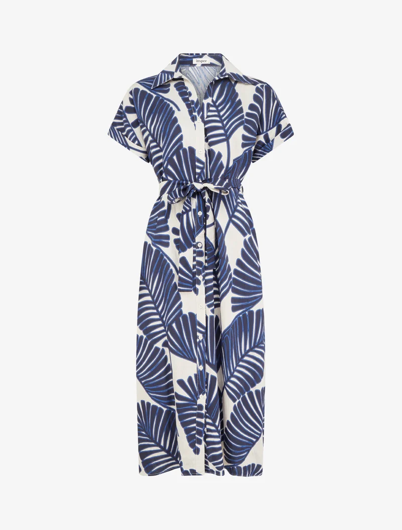 Robe chemise imprimé tropical à manches courtes - Bleu