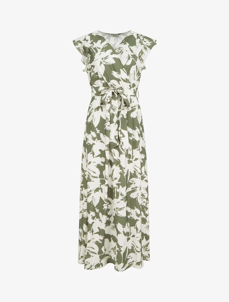 Robe longue imprimé fleurs tropicales à manches courtes - Kaki