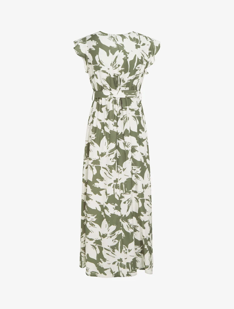 Robe longue imprimé fleurs tropicales à manches courtes - Kaki
